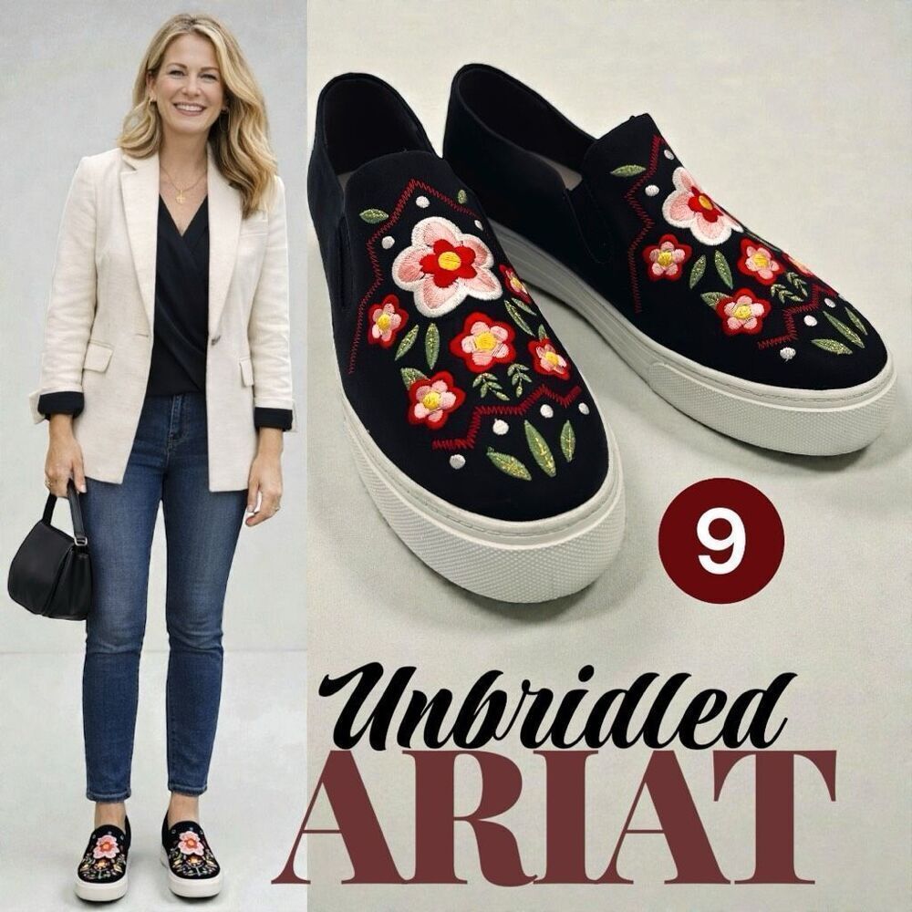 Ariat Unbridled Women's Embroidered Floral Suede Slip On Shoes Black Size 9